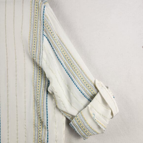Elan Striped Button Up Shirt Women M Cream Blue Gold Metallic Made in India EUC - Picture 8 of 15
